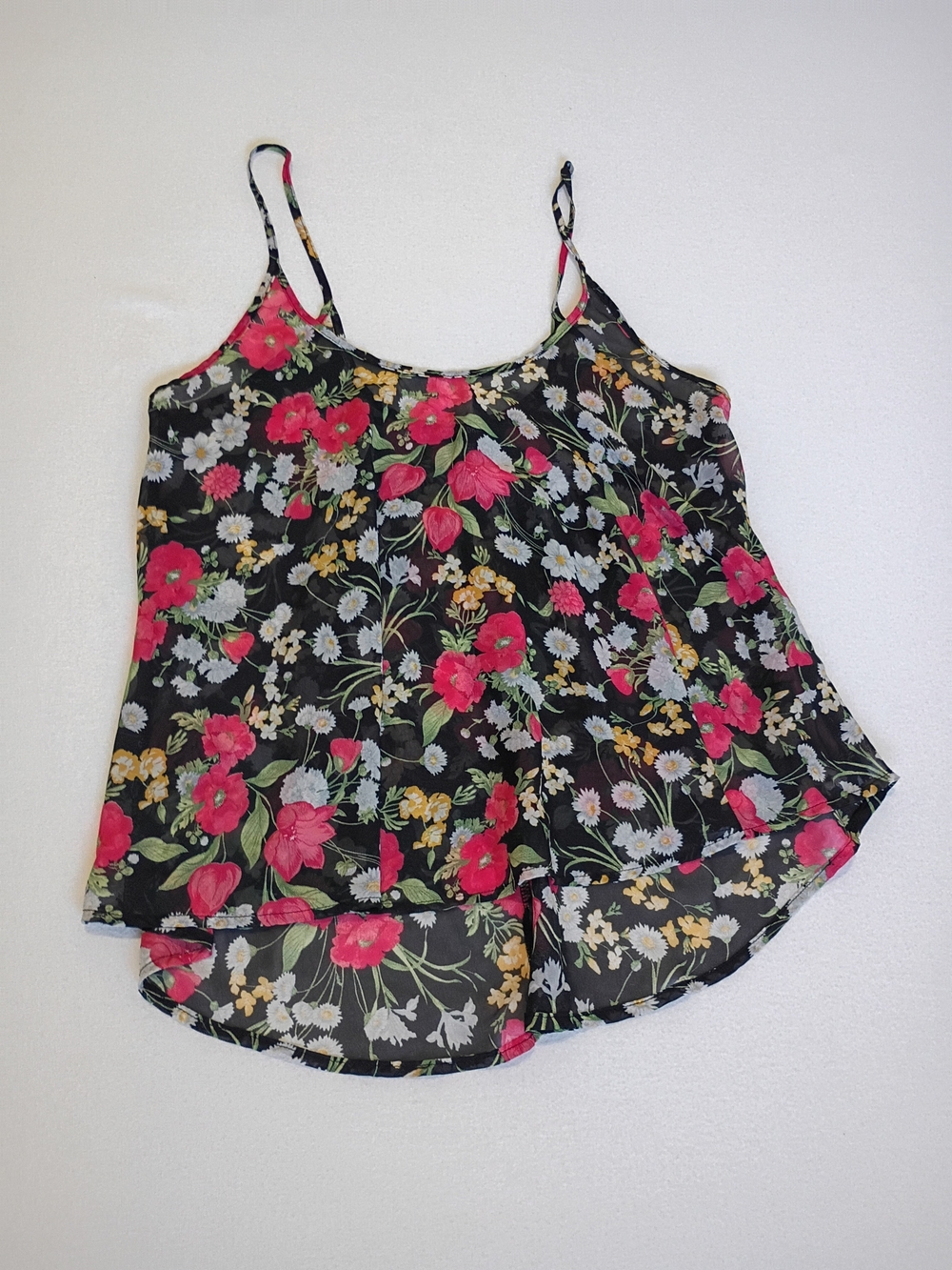 American Dream Sz S Floral Spaghetti Strap Sheer Cami Top Black with Red Floral